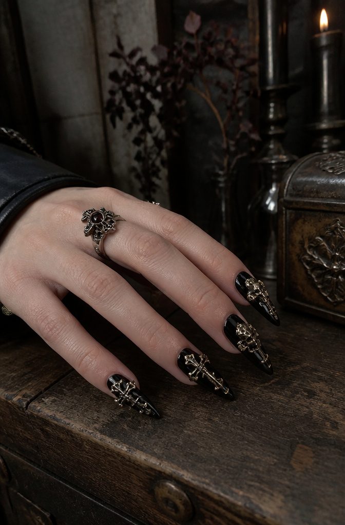 A hand adorned with 3D nail charms on a black base in an industrial setting.