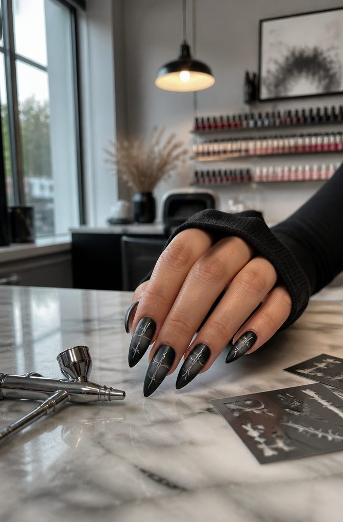 A hand with airbrushed nails showcasing barbed wire designs in a chic salon.