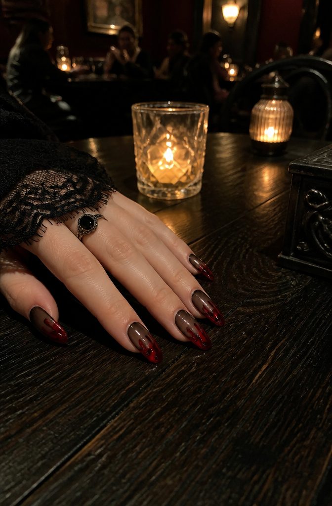 A hand showcasing bloody French tips in a gothic-themed setting.