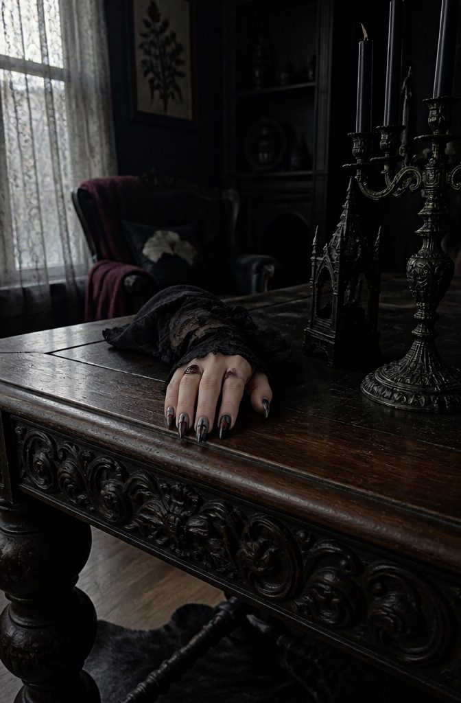 A hand with cemetery-themed nails painted in maroon and gray.