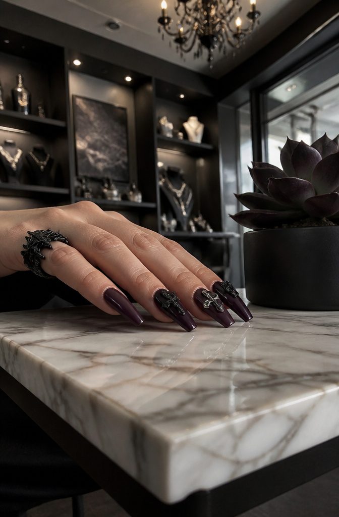 A hand showcasing coffin-shaped nails on a stylish armchair.