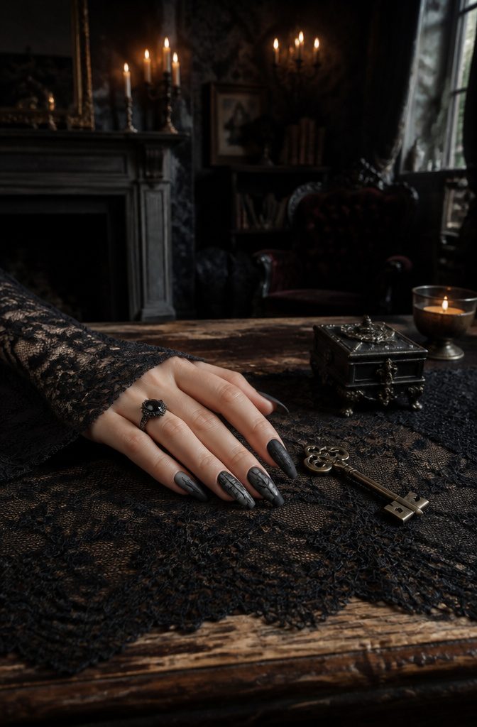 A hand with architectural details painted on nails.