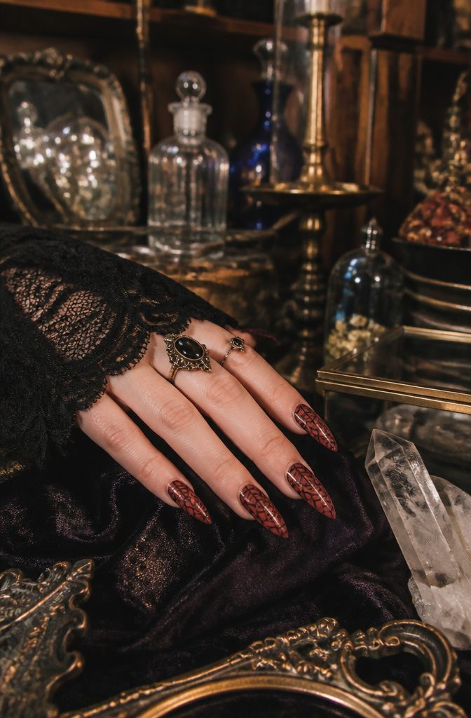 A hand with gothic cobweb nails on a velvet cloth.