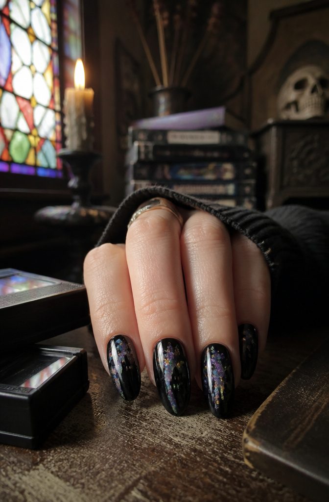 A hand displaying haunted house nails with iridescent flakes.