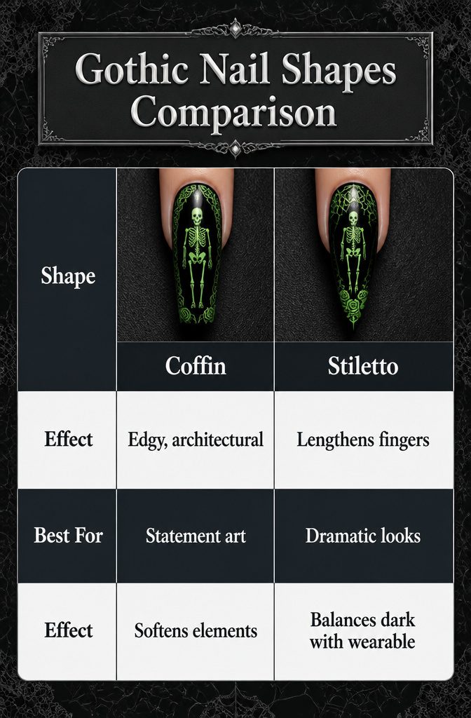 An infographic comparing gothic nail shapes and their effects.
