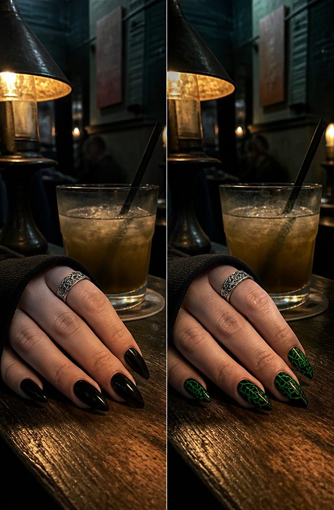 A hand with neon spiderweb nails against a black background.