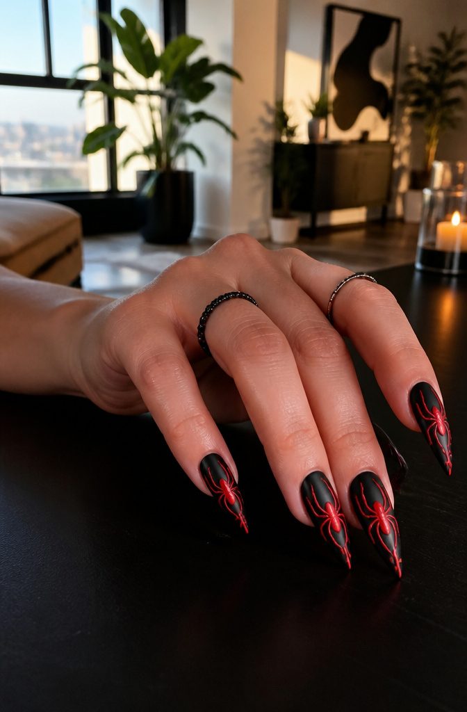 A hand with red spider nails featuring black spider designs.