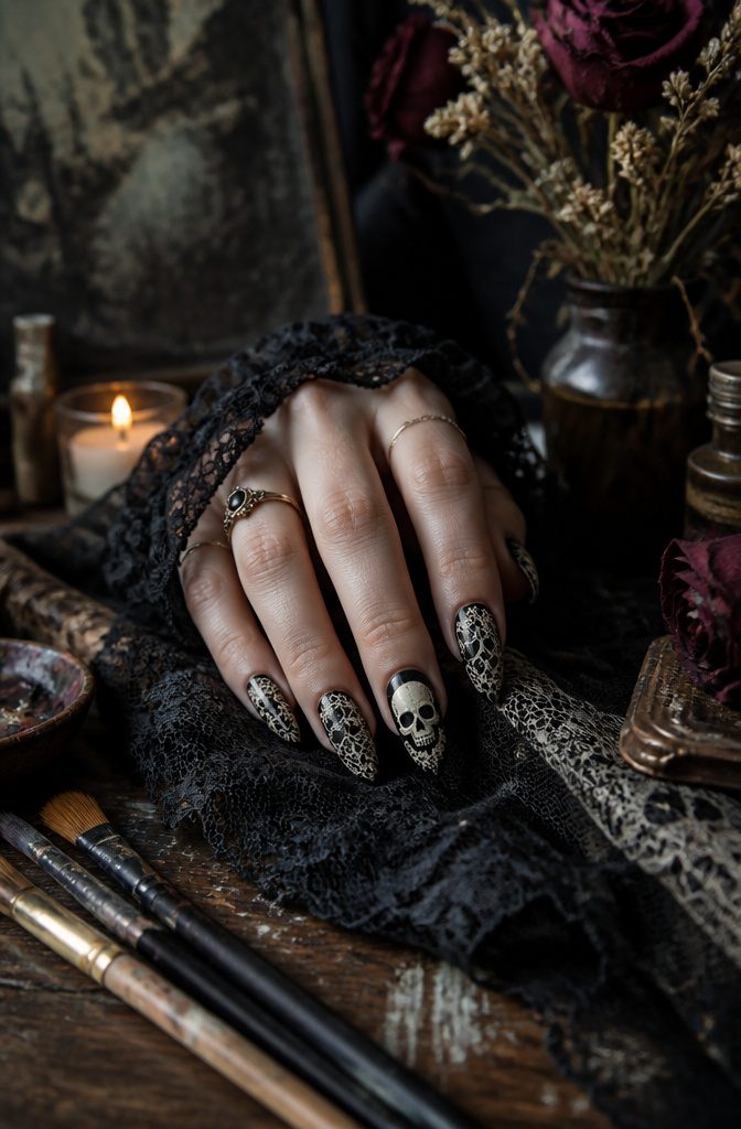 A hand featuring skull lace nails against a vintage lace backdrop.