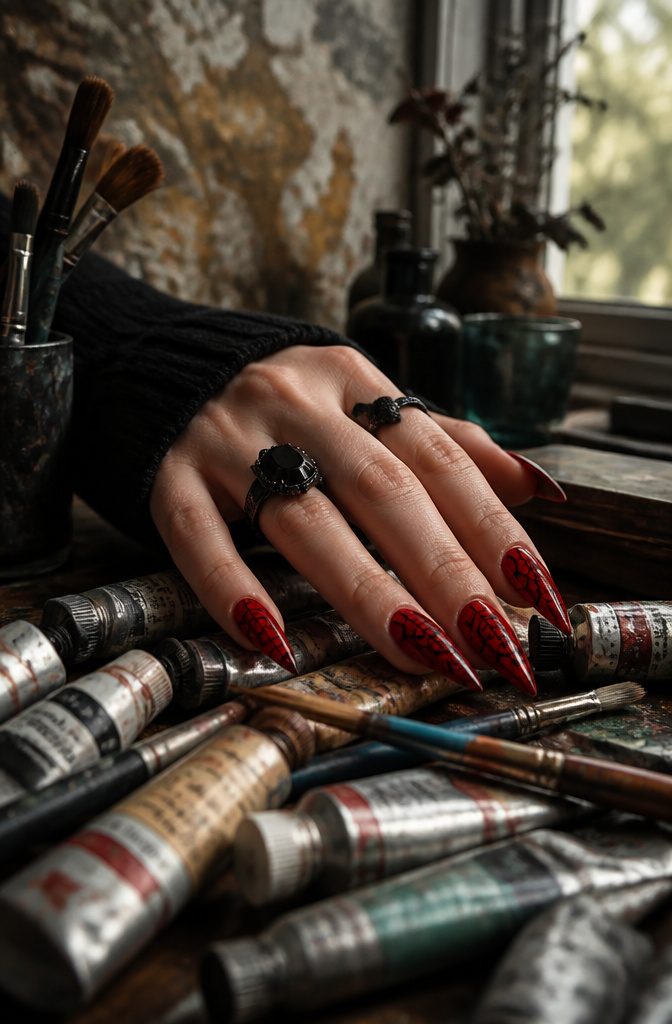 A hand showcasing spider web nails over a scarlet background.