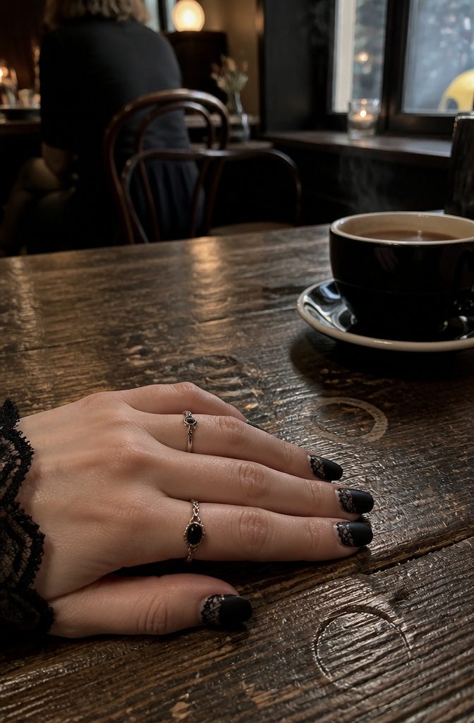 A hand with subtle gothic nails resting on a wooden table.